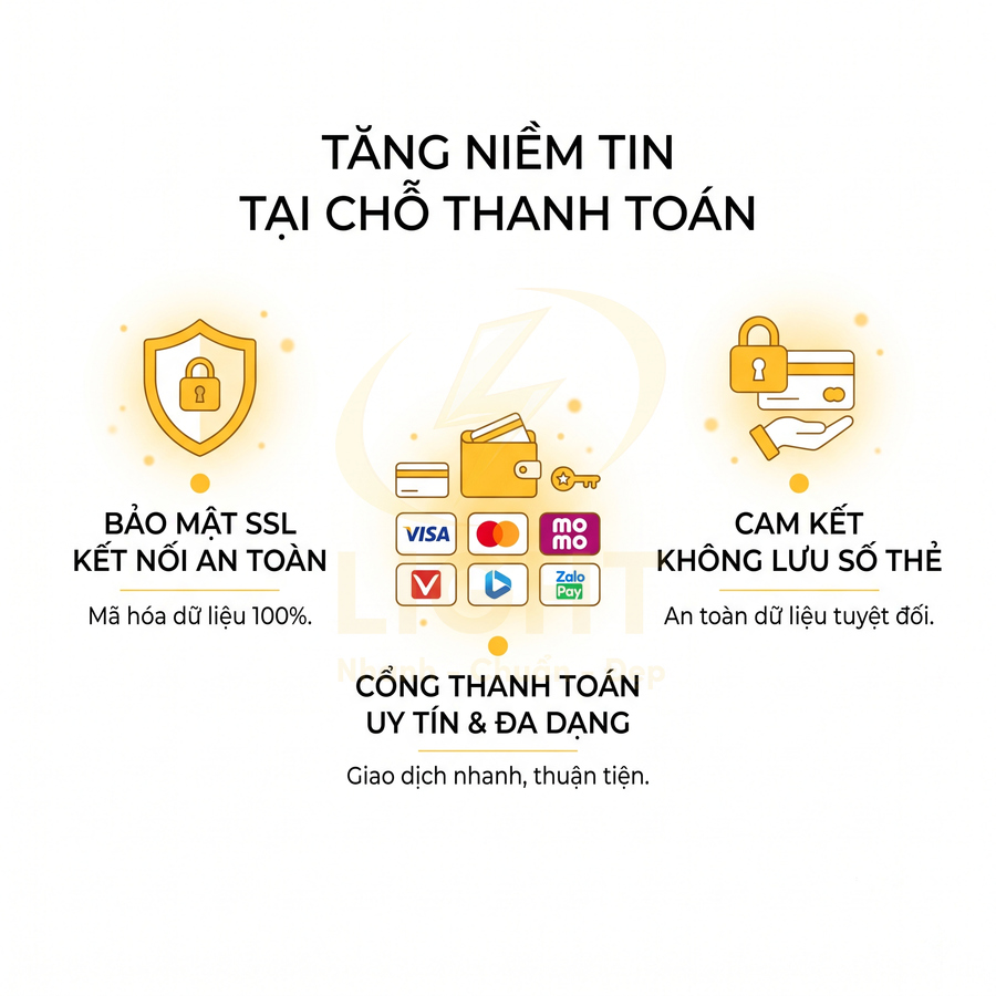 Cổng thanh toán trực tuyến an toàn với bảo mật SSL, hỗ trợ Visa, MoMo, ZaloPay và cam kết không lưu số thẻ