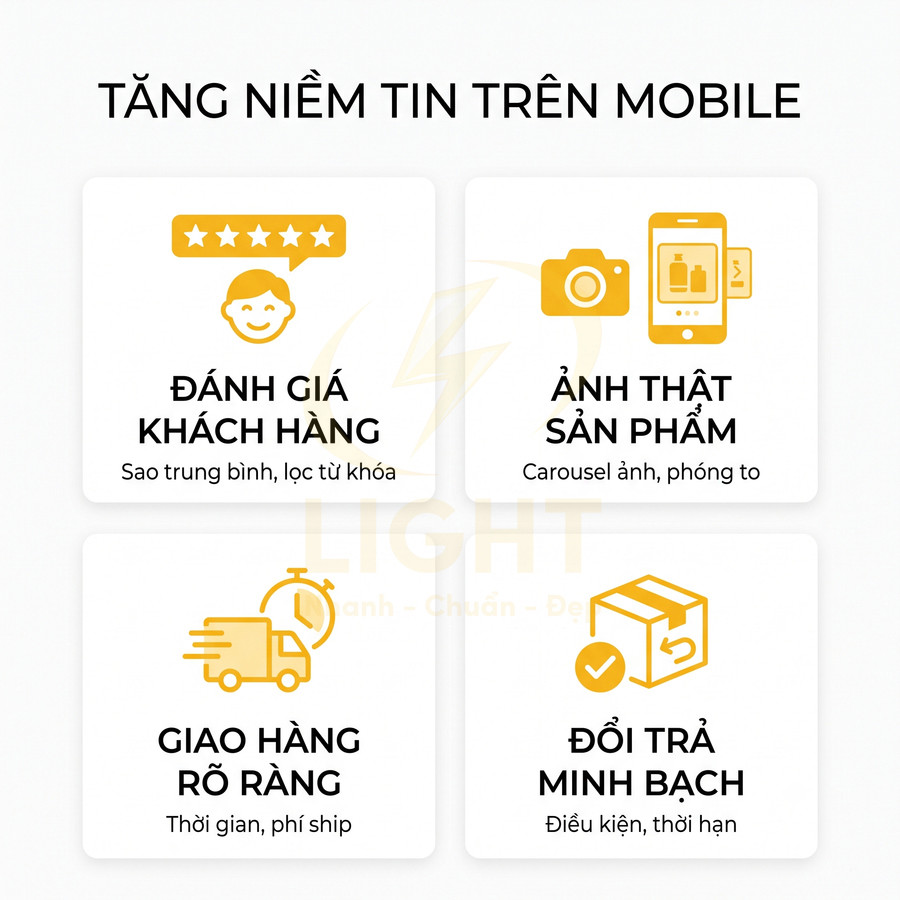 Banner tăng niềm tin mua sắm trên mobile với đánh giá khách hàng, ảnh thật sản phẩm, giao hàng rõ ràng, đổi trả minh bạch