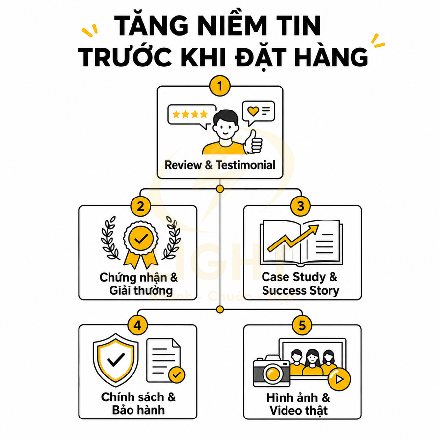 Infographic tăng niềm tin trước khi đặt hàng với 5 yếu tố review, chứng nhận, case study, bảo hành, hình ảnh và video thật
