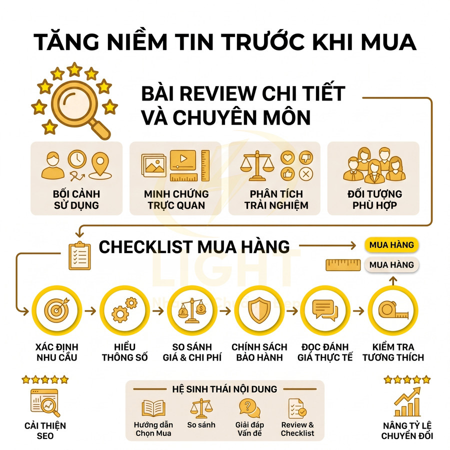 Infographic checklist mua hàng và lợi ích bài review chi tiết giúp tăng niềm tin, cải thiện SEO và nâng tỷ lệ chuyển đổi