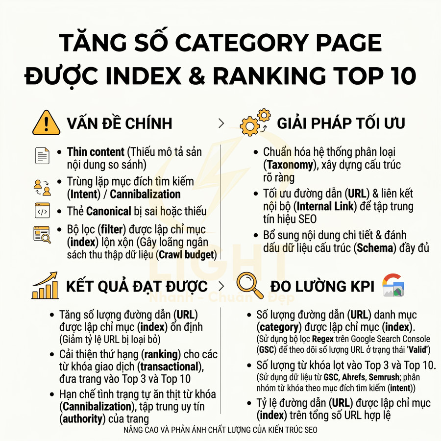 Infographic hướng dẫn tối ưu SEO tăng số category page được index và ranking top 10 trên Google