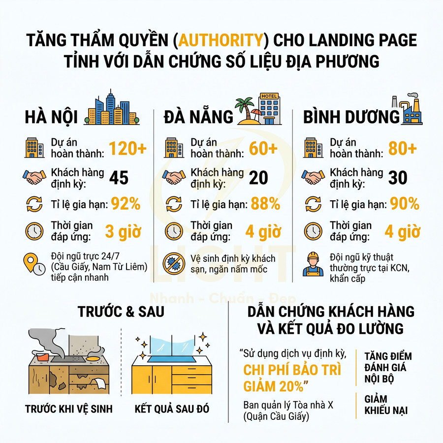 Infographic dịch vụ vệ sinh định kỳ cho Hà Nội Đà Nẵng Bình Dương với số liệu dự án và hiệu quả trước sau