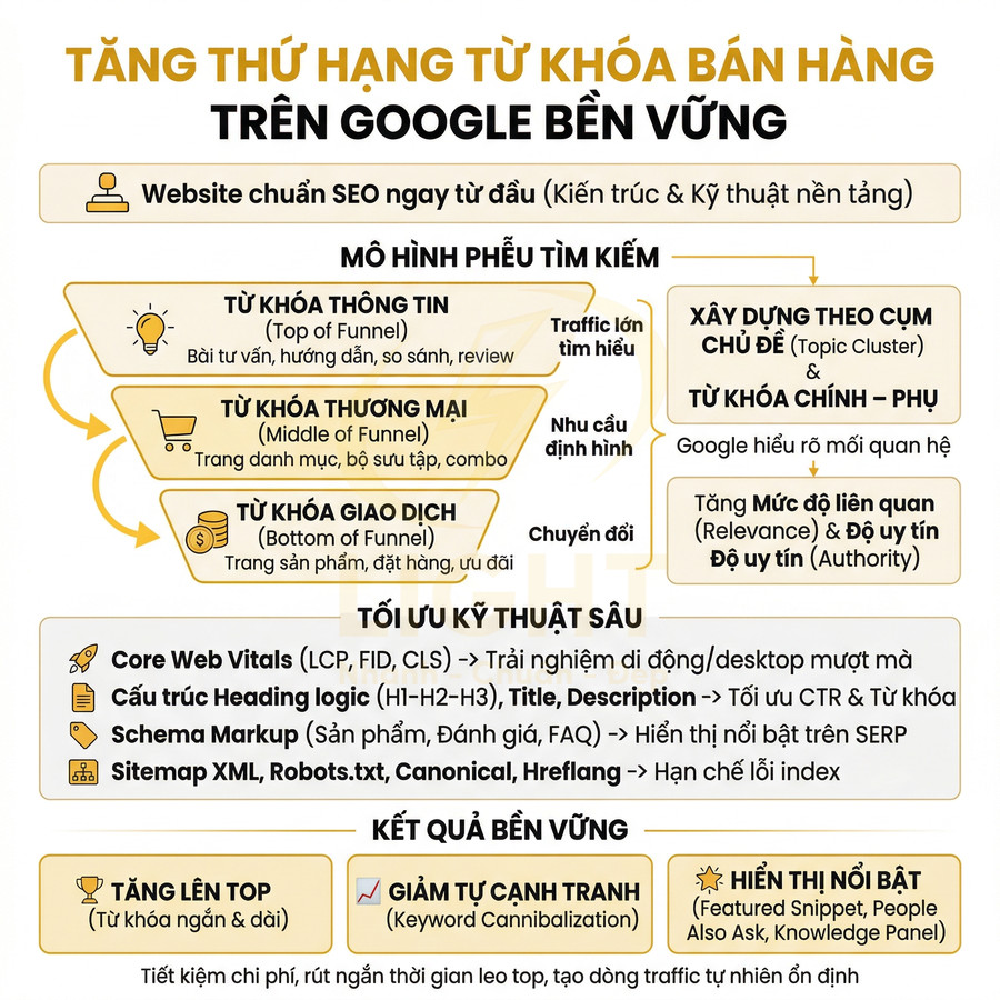 Infographic hướng dẫn tăng thứ hạng từ khóa bán hàng trên Google với mô hình phễu tìm kiếm và tối ưu SEO kỹ thuật