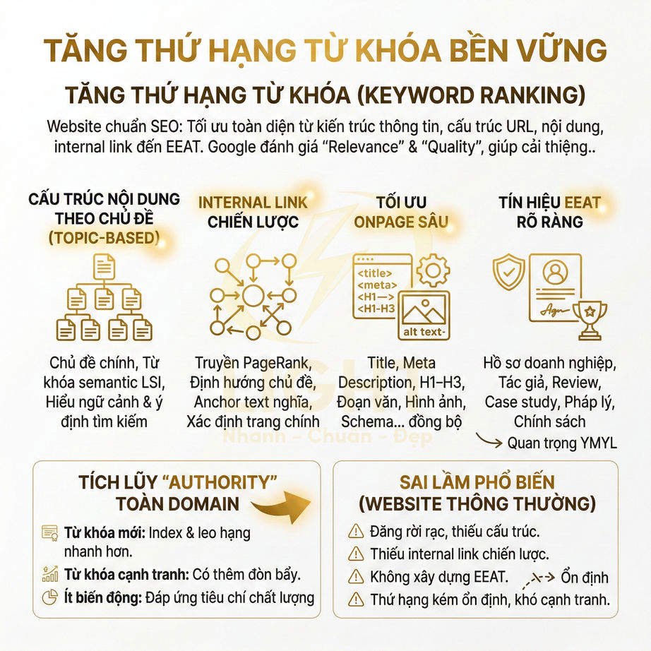 Infographic hướng dẫn tăng thứ hạng từ khóa bền vững với cấu trúc nội dung, internal link, tối ưu onpage và tín hiệu EEAT