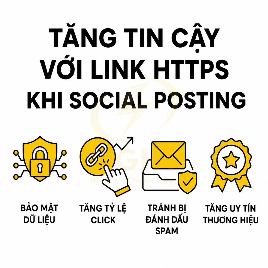 Lợi ích dùng link HTTPS khi social posting bảo mật dữ liệu tăng tỷ lệ click tránh spam và tăng uy tín thương hiệu