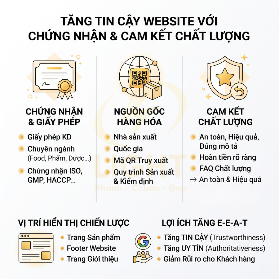 Infographic lợi ích chứng nhận, cam kết chất lượng và nguồn gốc hàng hóa giúp tăng độ tin cậy website