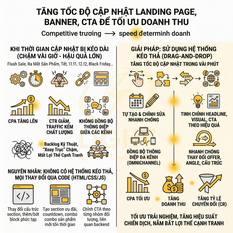 Infographic giải pháp dùng hệ thống kéo thả tối ưu cập nhật landing page, banner, CTA để tăng doanh thu marketing