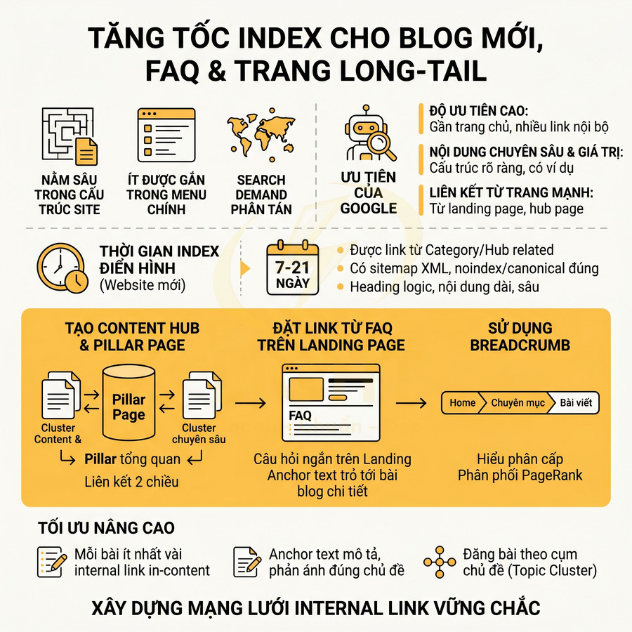 Infographic hướng dẫn tăng tốc index cho blog mới, FAQ và trang long tail bằng content hub và internal link
