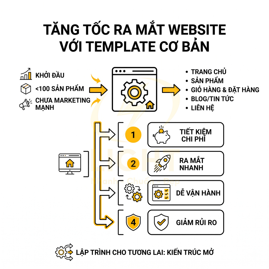 Mô tả lợi ích dùng template cơ bản để tăng tốc ra mắt website: tiết kiệm chi phí, ra mắt nhanh, dễ vận hành, giảm rủi ro