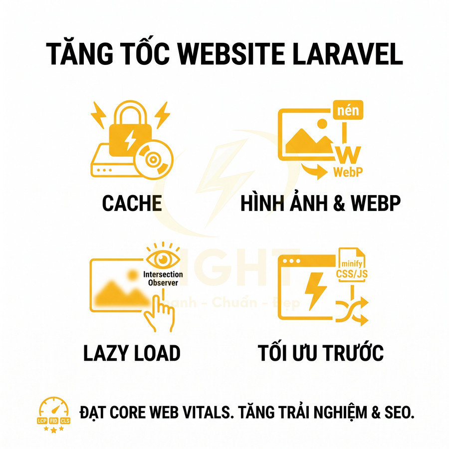 Hướng dẫn tăng tốc website Laravel với cache, tối ưu hình ảnh WebP, lazy load và minify CSS JS đạt Core Web Vitals