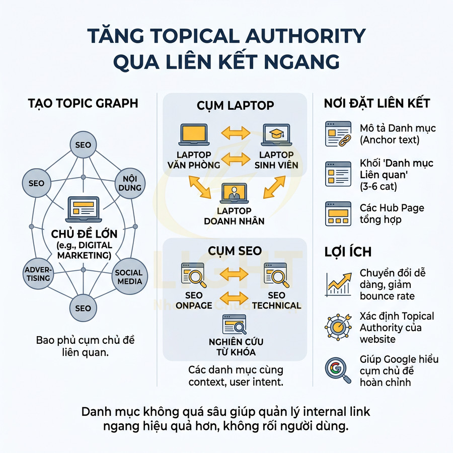 Minh họa chiến lược tăng topical authority qua liên kết ngang với topic cluster laptop và SEO