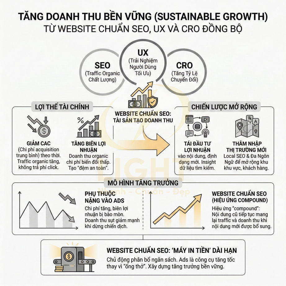Infographic mô tả chiến lược tăng doanh thu bền vững từ website chuẩn SEO UX và CRO cho doanh nghiệp