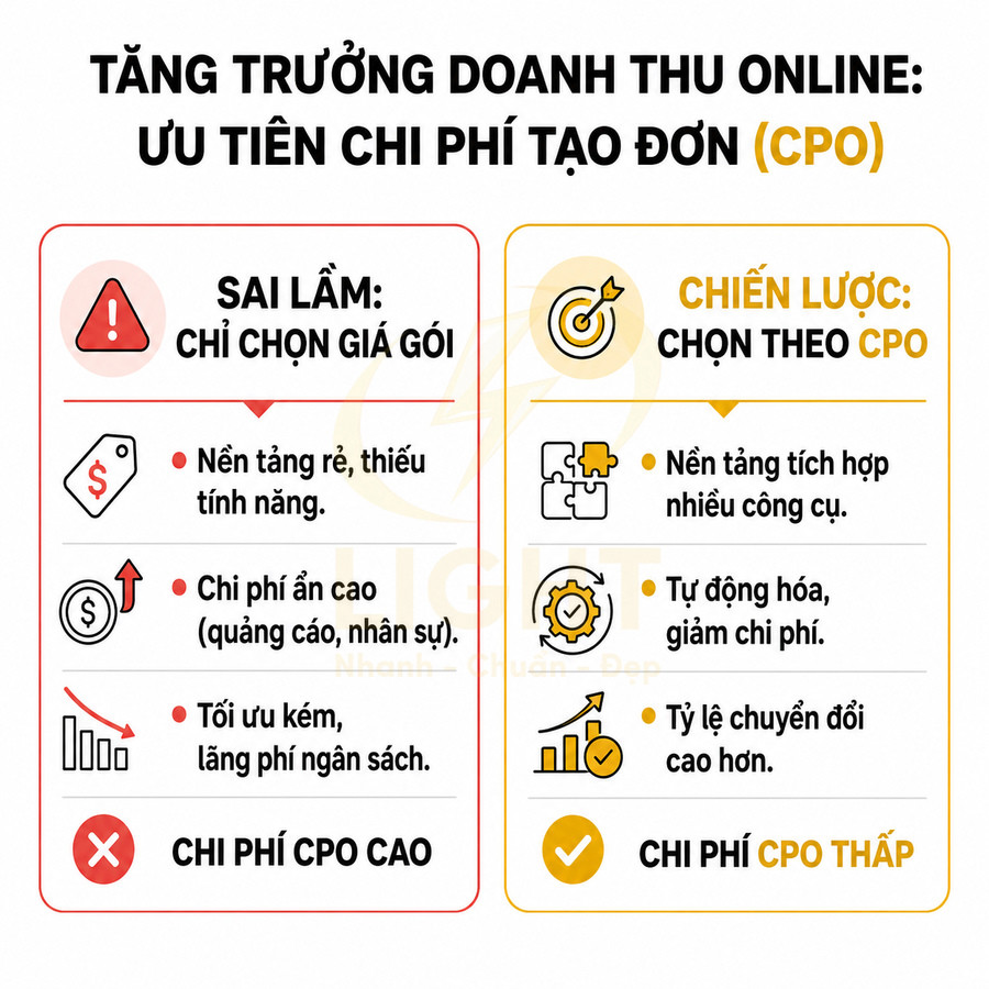 Infographic so sánh sai lầm chọn giá gói và chiến lược tối ưu chi phí tạo đơn CPO trong kinh doanh online
