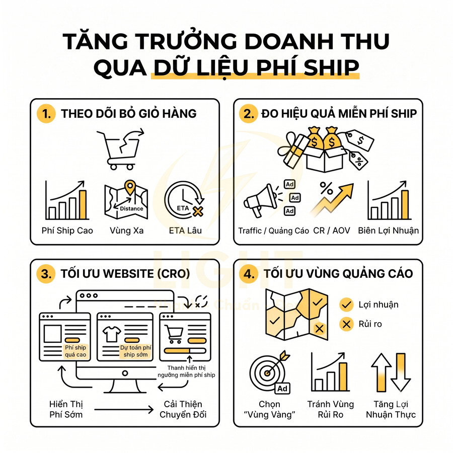 Infographic tăng trưởng doanh thu qua dữ liệu phí ship với 4 bước tối ưu giỏ hàng, website, miễn phí ship và vùng quảng cáo
