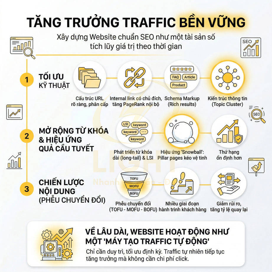 Infographic quy trình SEO tăng trưởng traffic bền vững với tối ưu kỹ thuật, mở rộng từ khóa và chiến lược nội dung
