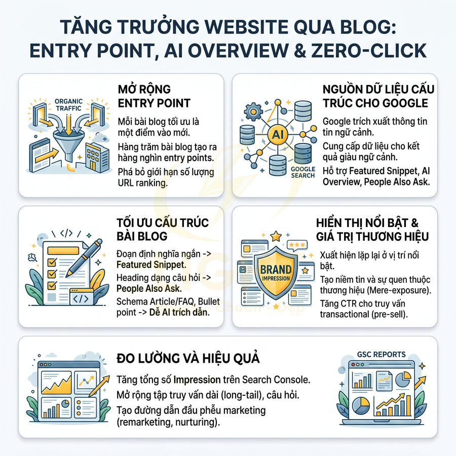 Infographic hướng dẫn tăng trưởng website qua blog với entry point, AI Overview, zero click và các bước tối ưu SEO