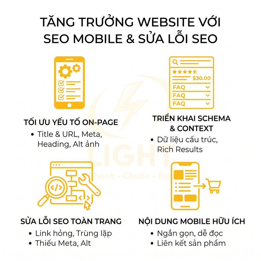 Hướng dẫn tăng trưởng website với SEO mobile, tối ưu onpage, sửa lỗi SEO, triển khai schema và nội dung mobile hữu ích