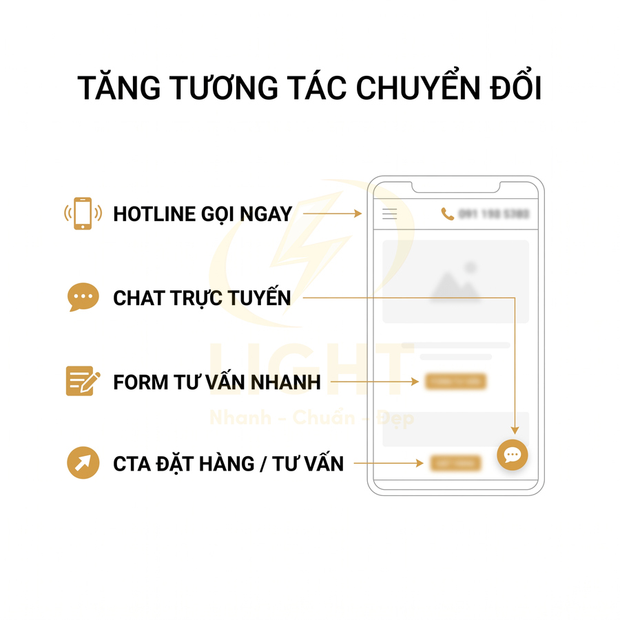 Mô tả các tính năng tăng tương tác chuyển đổi trên giao diện điện thoại: hotline, chat, form tư vấn, nút CTA