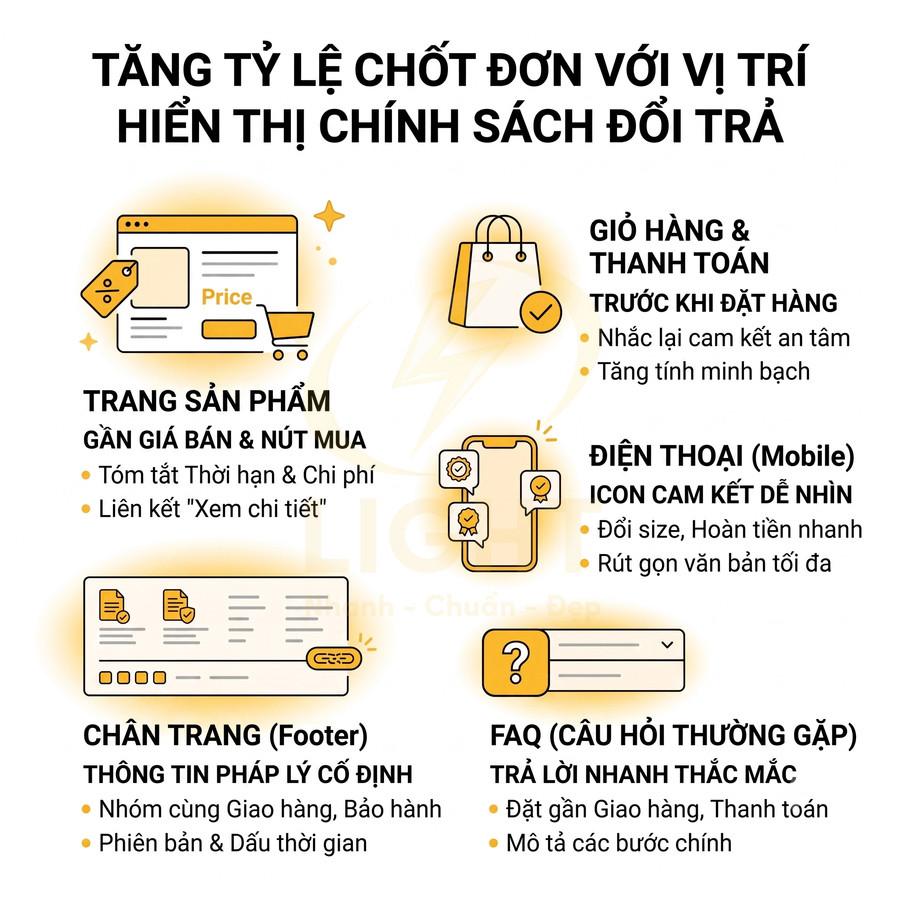 Hướng dẫn tăng tỷ lệ chốt đơn bằng cách đặt chính sách đổi trả ở trang sản phẩm, giỏ hàng, mobile, chân trang và FAQ