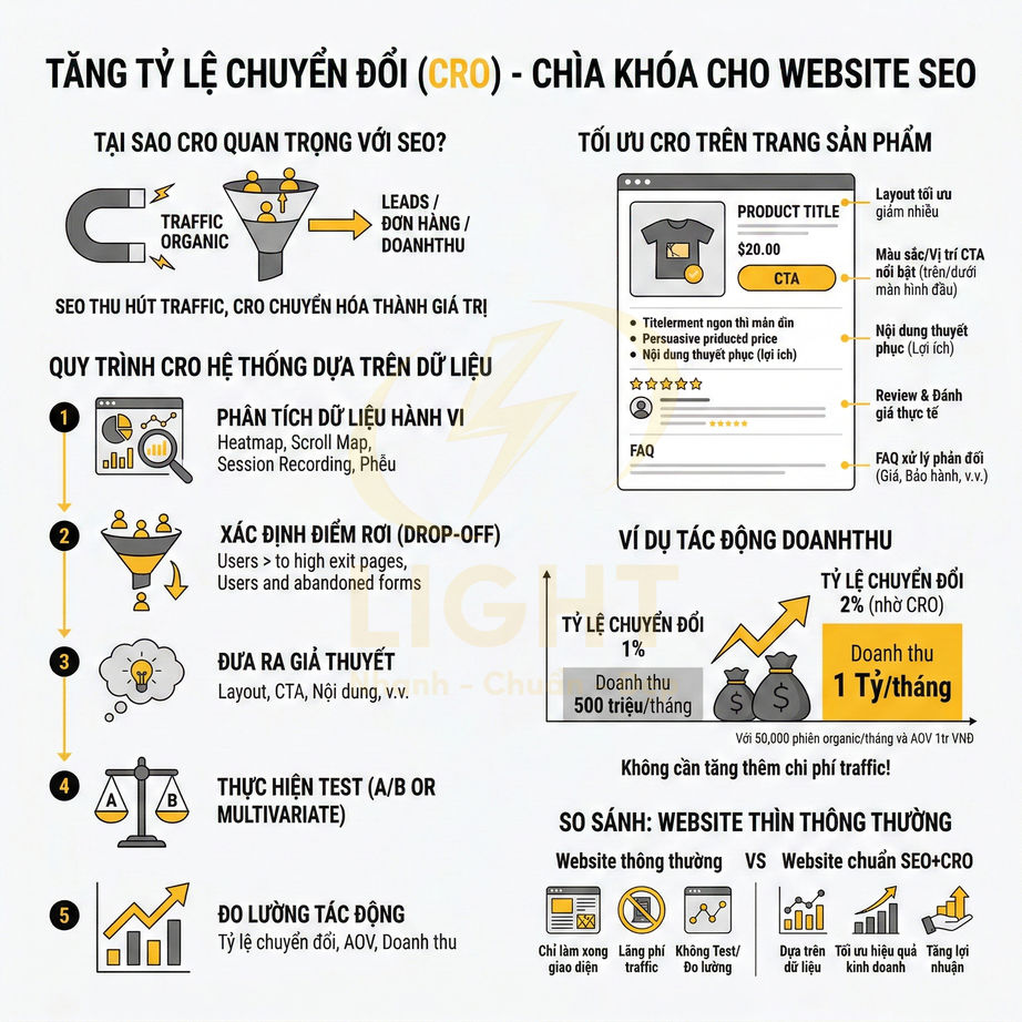 Infographic quy trình tối ưu tỷ lệ chuyển đổi CRO và tác động tăng doanh thu cho website SEO