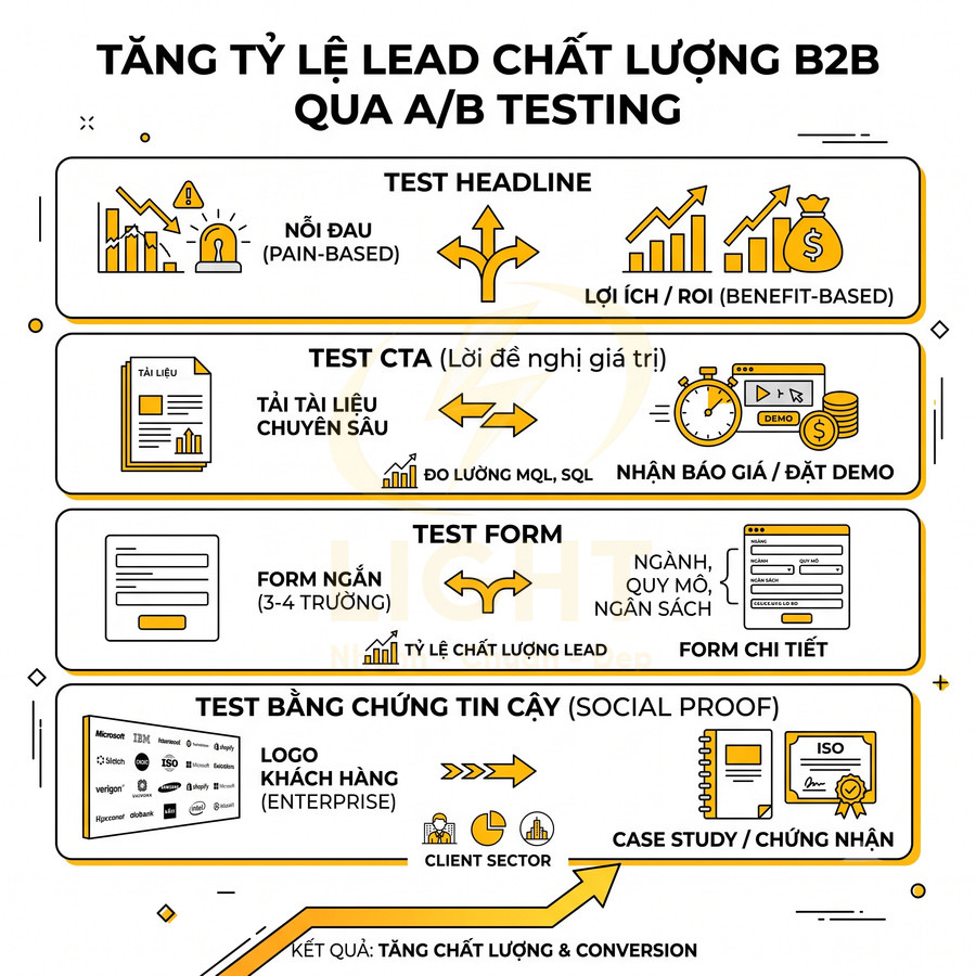 Infographic quy trình A/B testing tăng tỷ lệ lead chất lượng B2B với headline, CTA, form và social proof