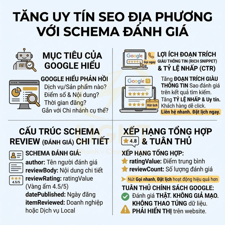 Hướng dẫn tăng uy tín SEO địa phương với schema đánh giá, cấu trúc review chi tiết và lợi ích rich snippet trên Google