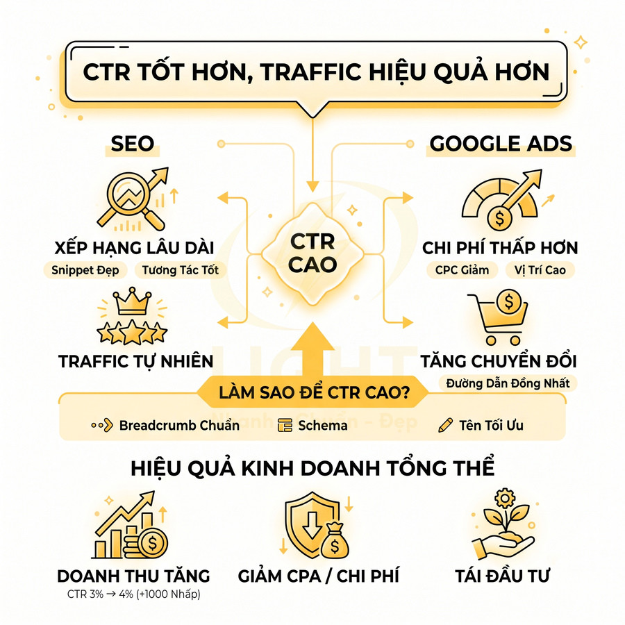 Infographic lợi ích CTR cao trong SEO và Google Ads giúp tăng traffic, giảm chi phí, tăng chuyển đổi và doanh thu