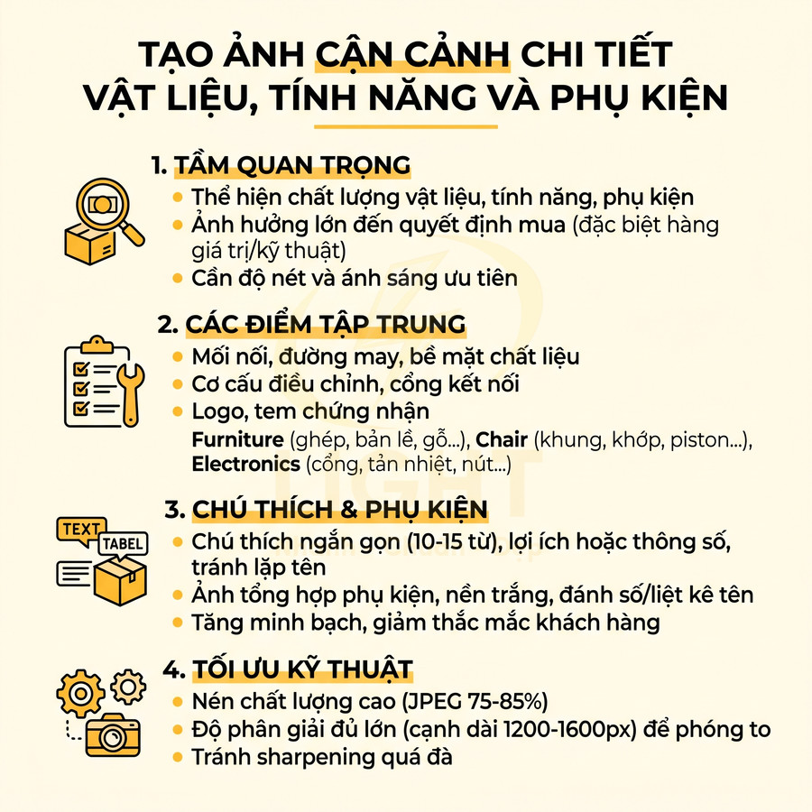 Hướng dẫn tạo ảnh cận cảnh chi tiết vật liệu, tính năng và phụ kiện sản phẩm để tối ưu hiển thị và SEO