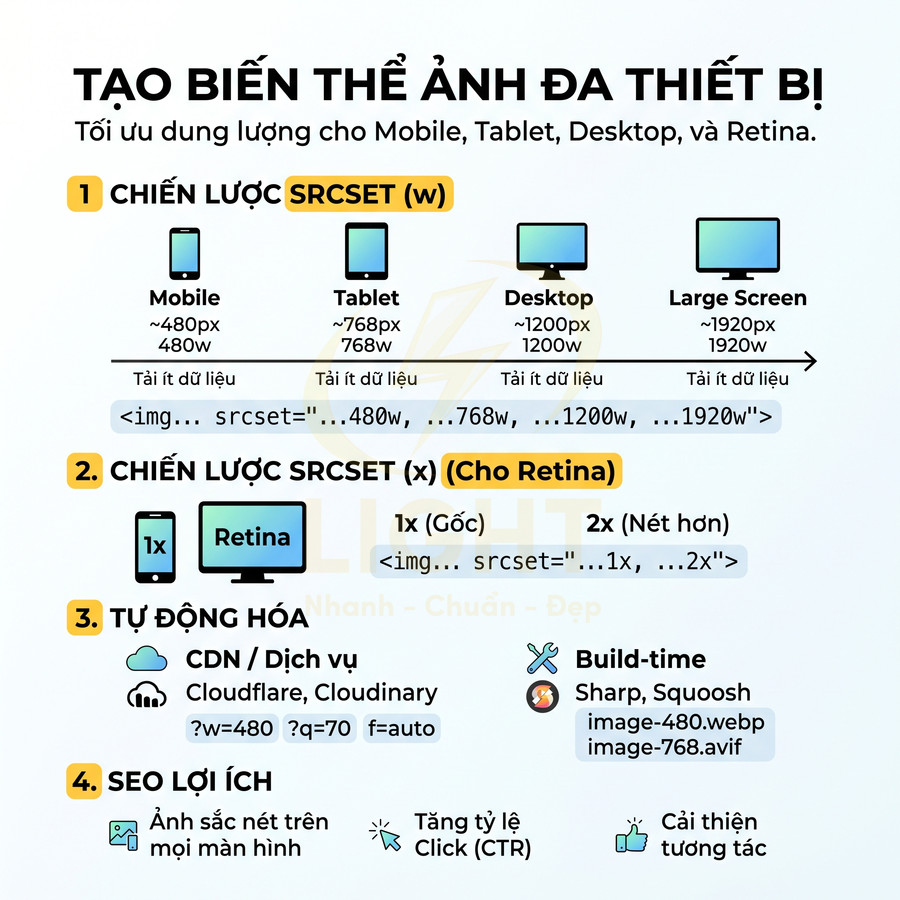 Hướng dẫn tạo biến thể ảnh đa thiết bị với srcset tối ưu cho mobile, tablet, desktop và màn hình Retina