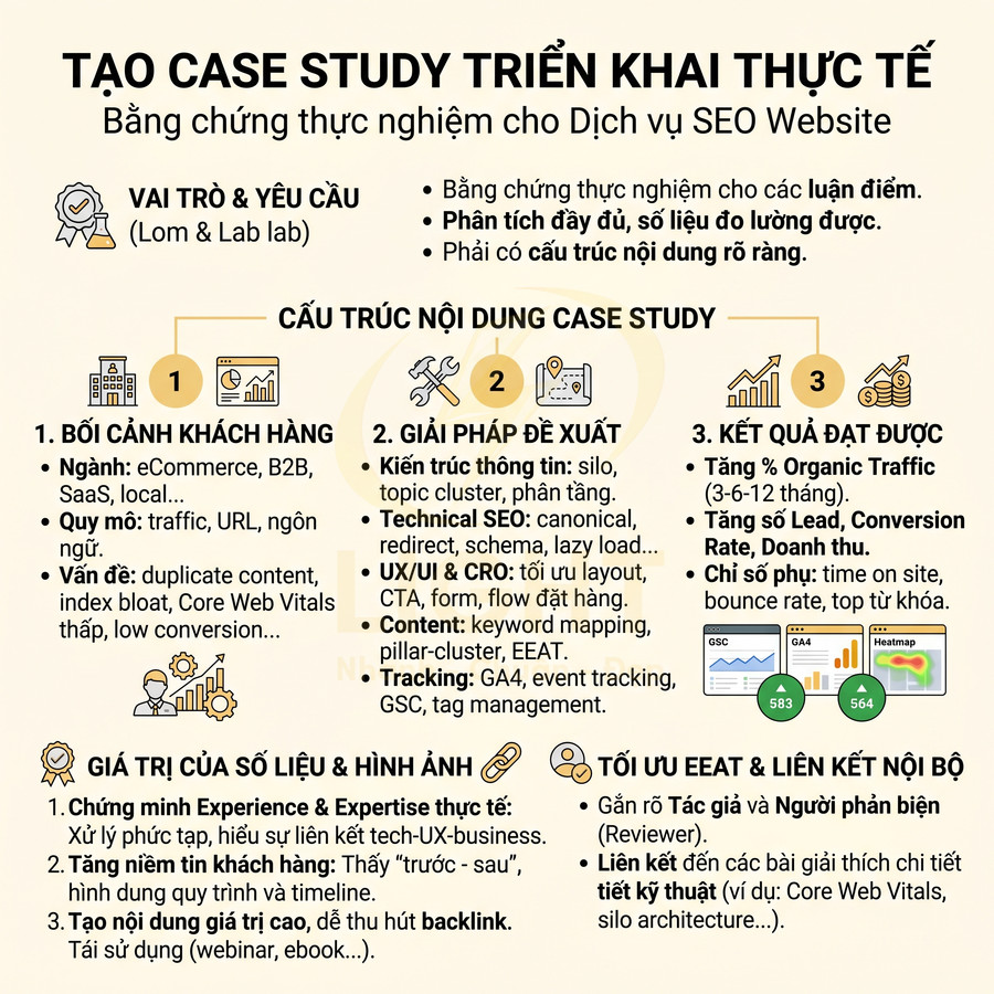 Infographic hướng dẫn tạo case study triển khai thực tế cho dịch vụ SEO website bằng dữ liệu và kết quả đo lường