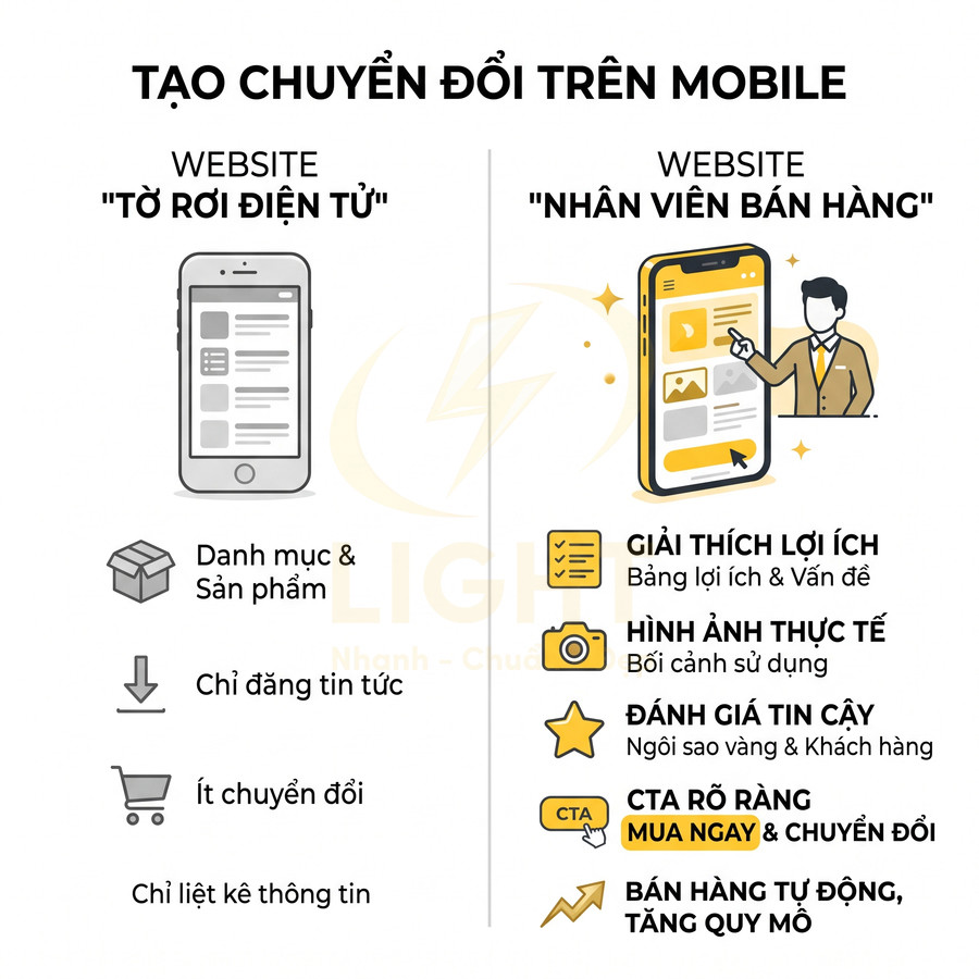 So sánh website tờ rơi điện tử và website nhân viên bán hàng tối ưu chuyển đổi trên mobile