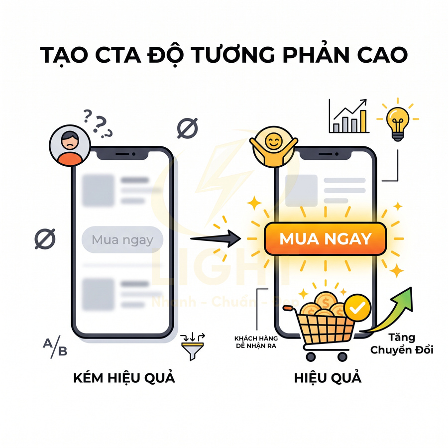 So sánh nút kêu gọi hành động Mua ngay mờ nhạt và nút Mua ngay nổi bật màu cam trên giao diện điện thoại