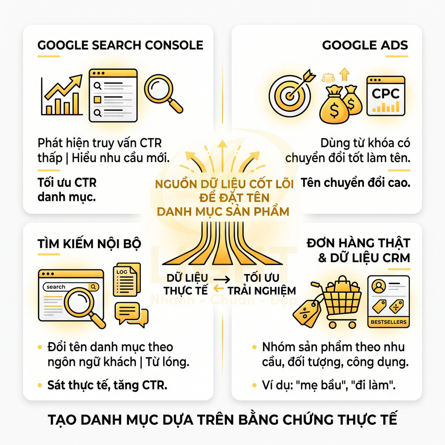 Minh họa nguồn dữ liệu thực tế tối ưu đặt tên danh mục sản phẩm trong SEO và quảng cáo online