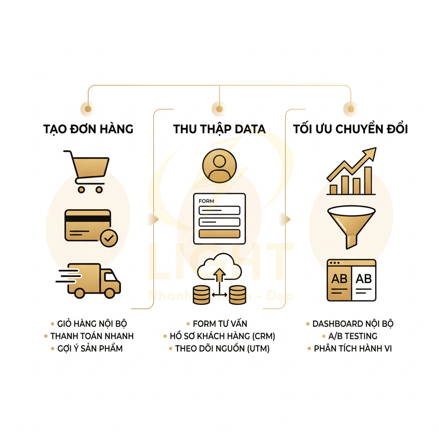 Quy trình marketing với ba bước tạo đơn hàng, thu thập data và tối ưu chuyển đổi kèm các tính năng hỗ trợ