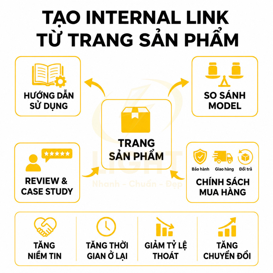Sơ đồ internal link từ trang sản phẩm đến hướng dẫn sử dụng, so sánh model, review và chính sách mua hàng
