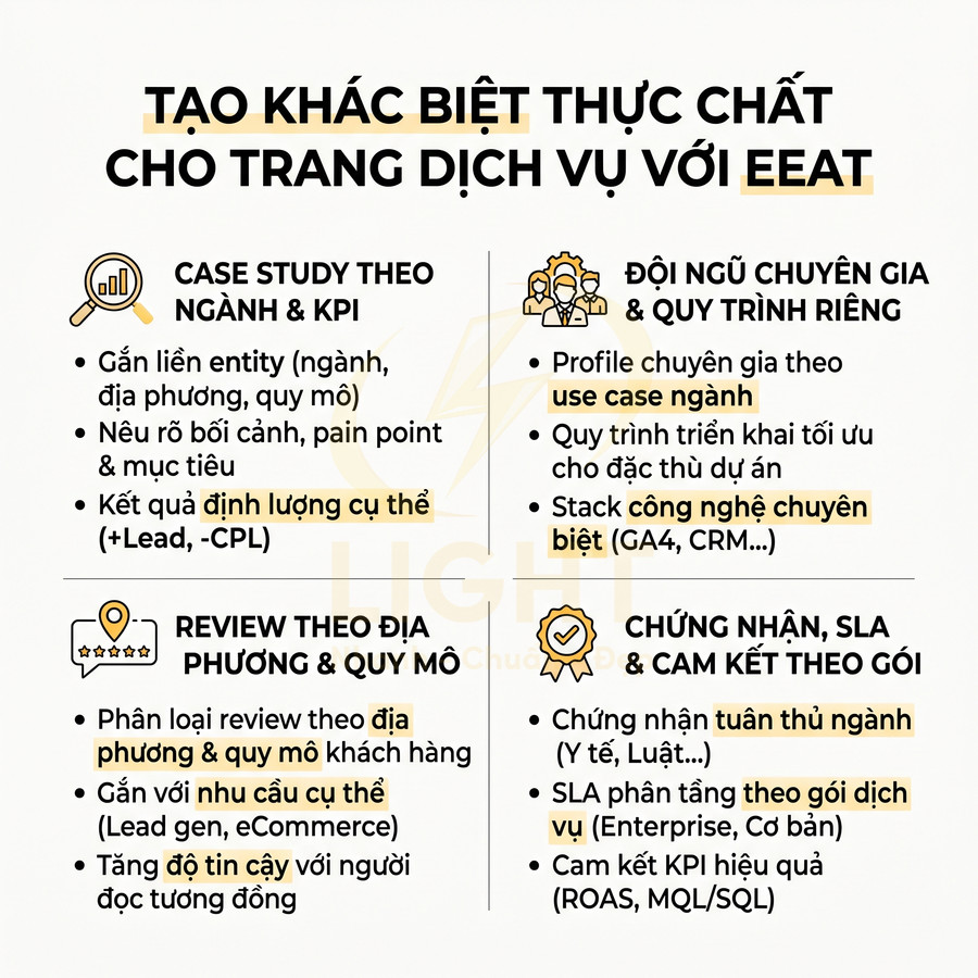 Infographic hướng dẫn tạo khác biệt cho trang dịch vụ với EEAT qua case study, review địa phương, đội ngũ chuyên gia và chứng nhận SLA