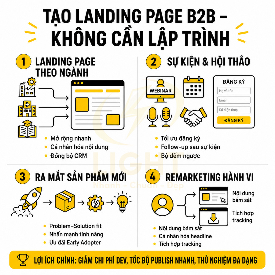 Infographic hướng dẫn tạo landing page B2B không cần lập trình với 4 ứng dụng và lợi ích chính