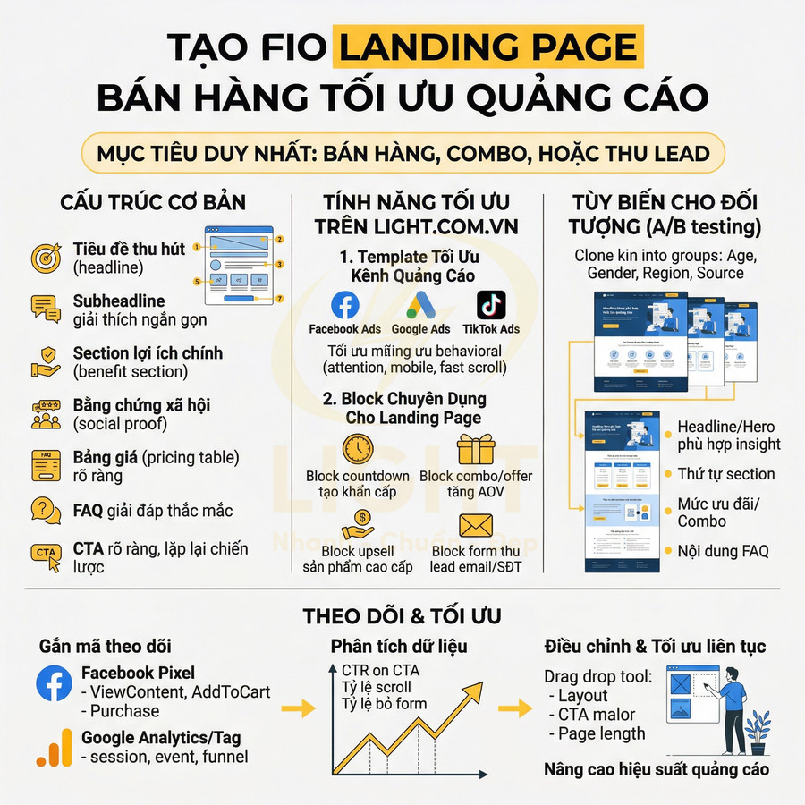 Infographic hướng dẫn tạo landing page bán hàng tối ưu quảng cáo trên nền tảng Light.com.vn
