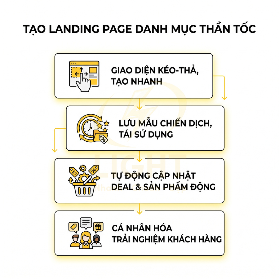 Infographic tạo landing page danh mục nhanh với kéo thả, lưu mẫu chiến dịch, cập nhật deal tự động và cá nhân hóa khách hàng