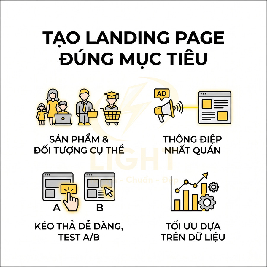 Hướng dẫn tạo landing page đúng mục tiêu với sản phẩm cụ thể, thông điệp nhất quán, kéo thả test A/B và tối ưu dữ liệu