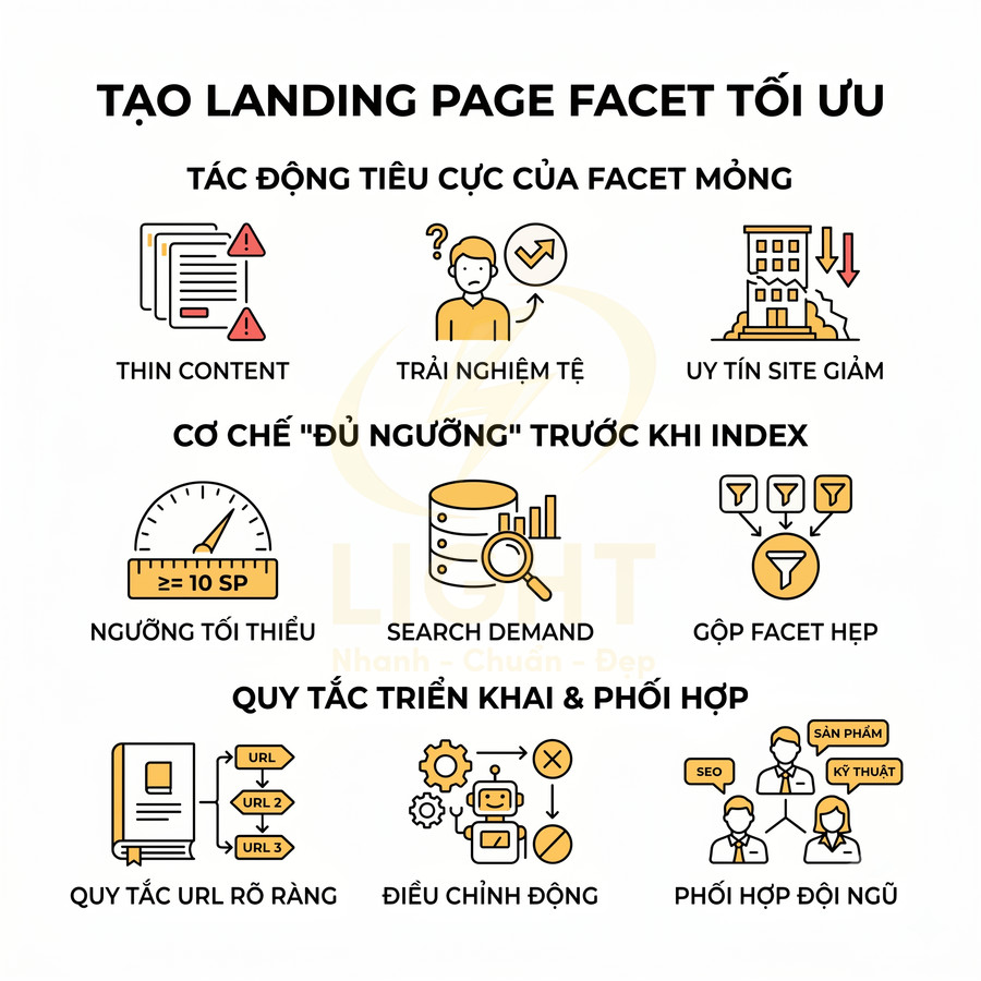 Hướng dẫn tối ưu landing page facet với tác động, cơ chế đủ ngưỡng trước khi index và quy tắc triển khai phối hợp SEO