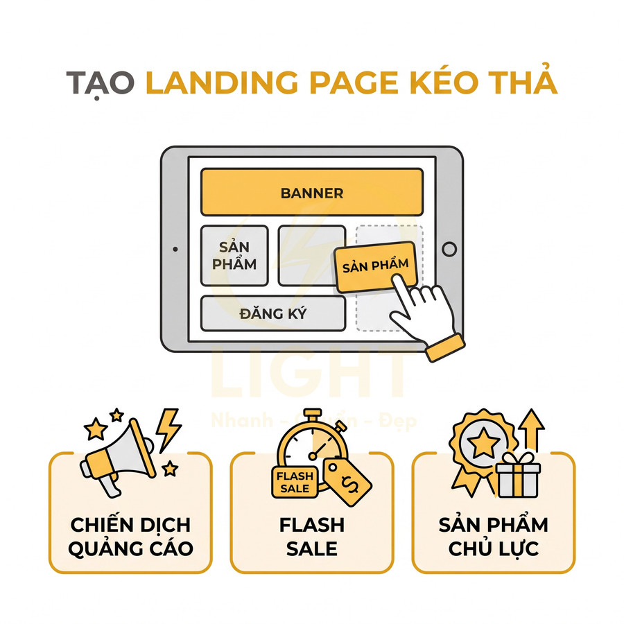 Minh họa tạo landing page kéo thả với banner, ô sản phẩm, đăng ký, chiến dịch quảng cáo và flash sale