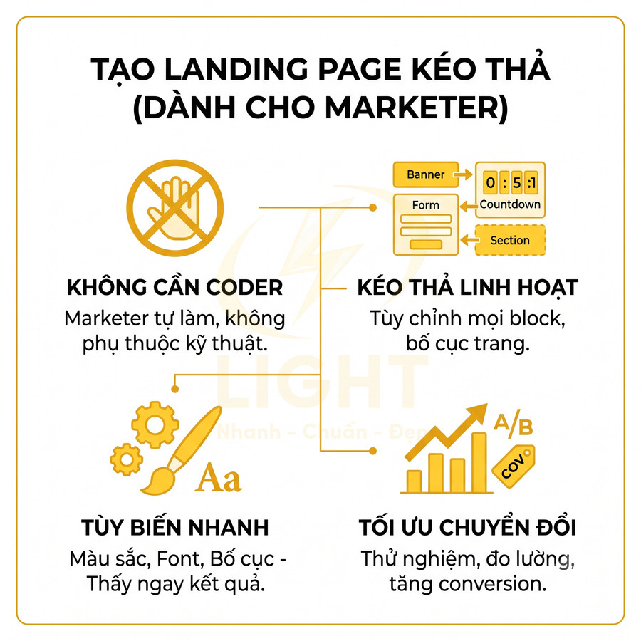 Giải pháp tạo landing page kéo thả cho marketer, không cần coder, tùy biến nhanh và tối ưu chuyển đổi