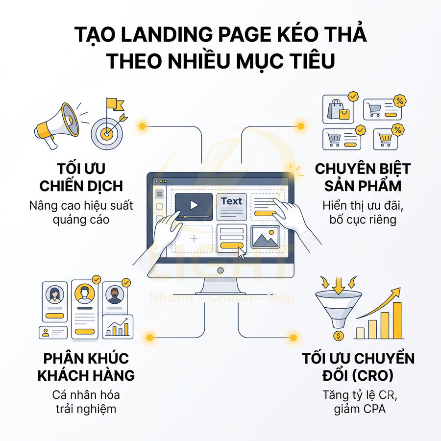Thiết kế landing page kéo thả với các lợi ích tối ưu chiến dịch, phân khúc khách hàng, chuyên biệt sản phẩm, tăng chuyển đổi CRO