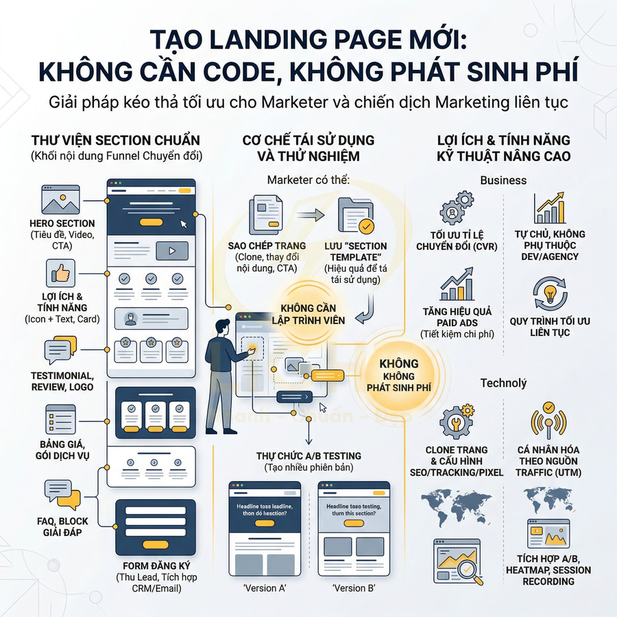 Giải pháp tạo landing page mới không cần code, không phát sinh phí với thư viện section chuẩn và A/B testing