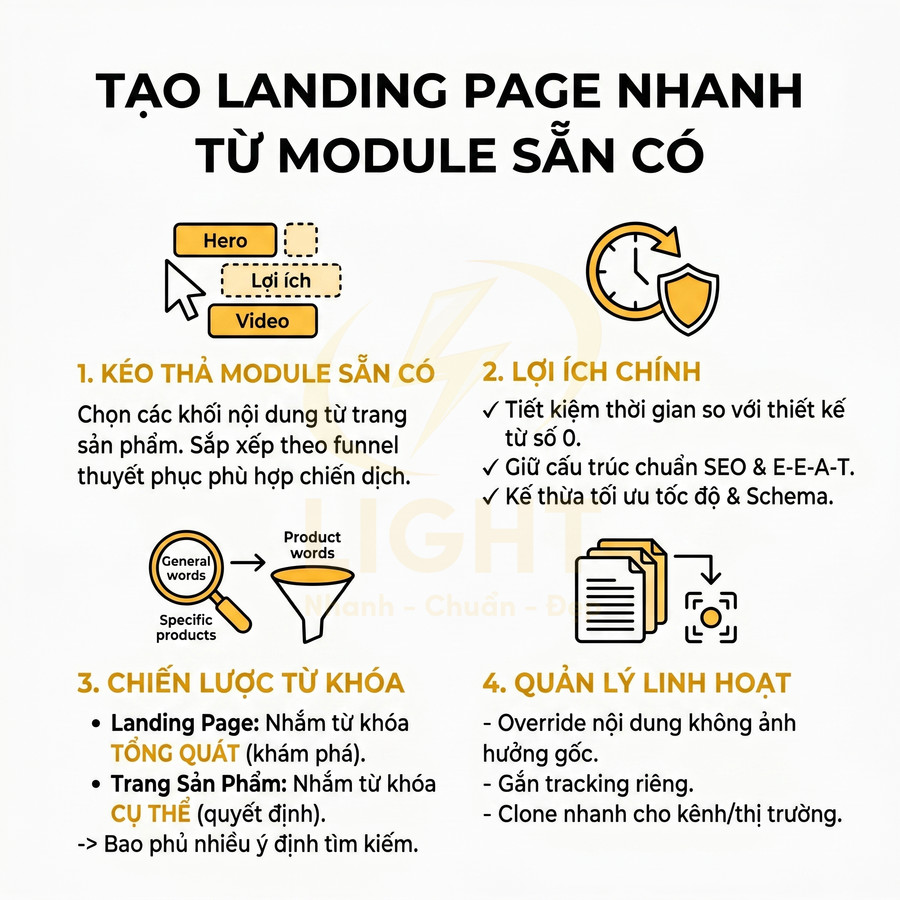 Hướng dẫn tạo landing page nhanh từ module sẵn có với lợi ích SEO, chiến lược từ khóa và quản lý nội dung linh hoạt