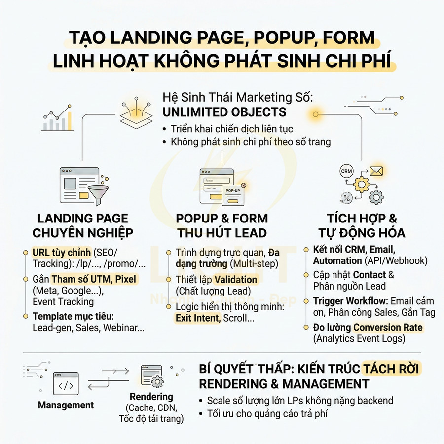 Giải pháp tạo landing page, popup, form thu hút lead, tích hợp CRM và tự động hóa marketing không phát sinh chi phí
