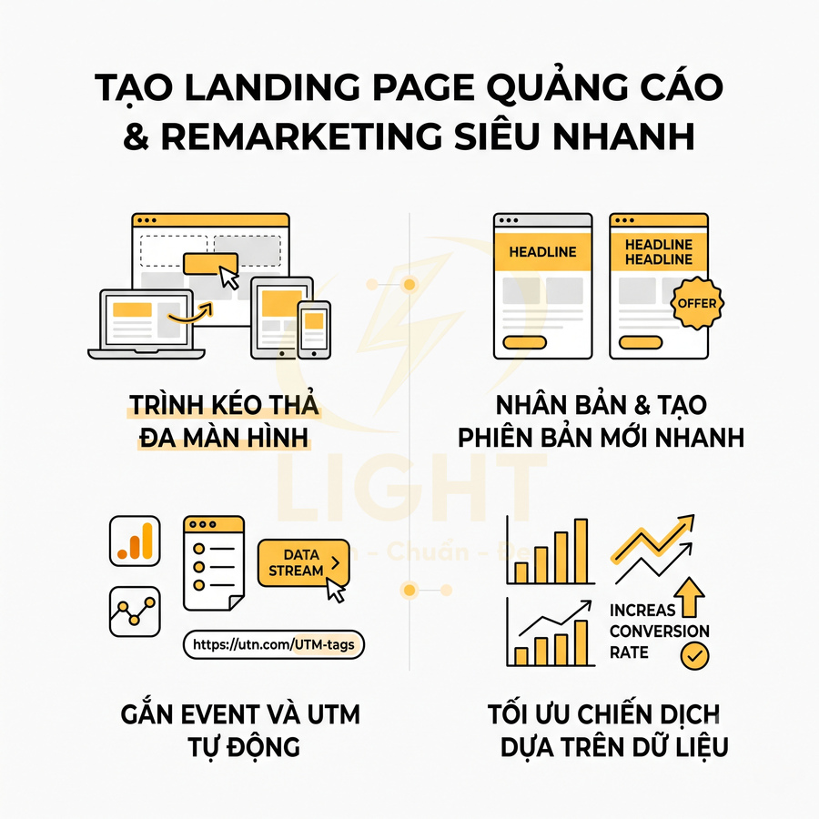 Mô tả tính năng tạo landing page quảng cáo và remarketing nhanh với kéo thả, gắn UTM, tối ưu chiến dịch dựa trên dữ liệu