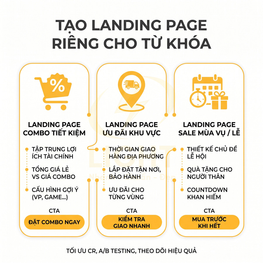 Mẫu thiết kế landing page theo từ khóa với ba loại trang combo tiết kiệm, ưu đãi khu vực và sale mùa vụ