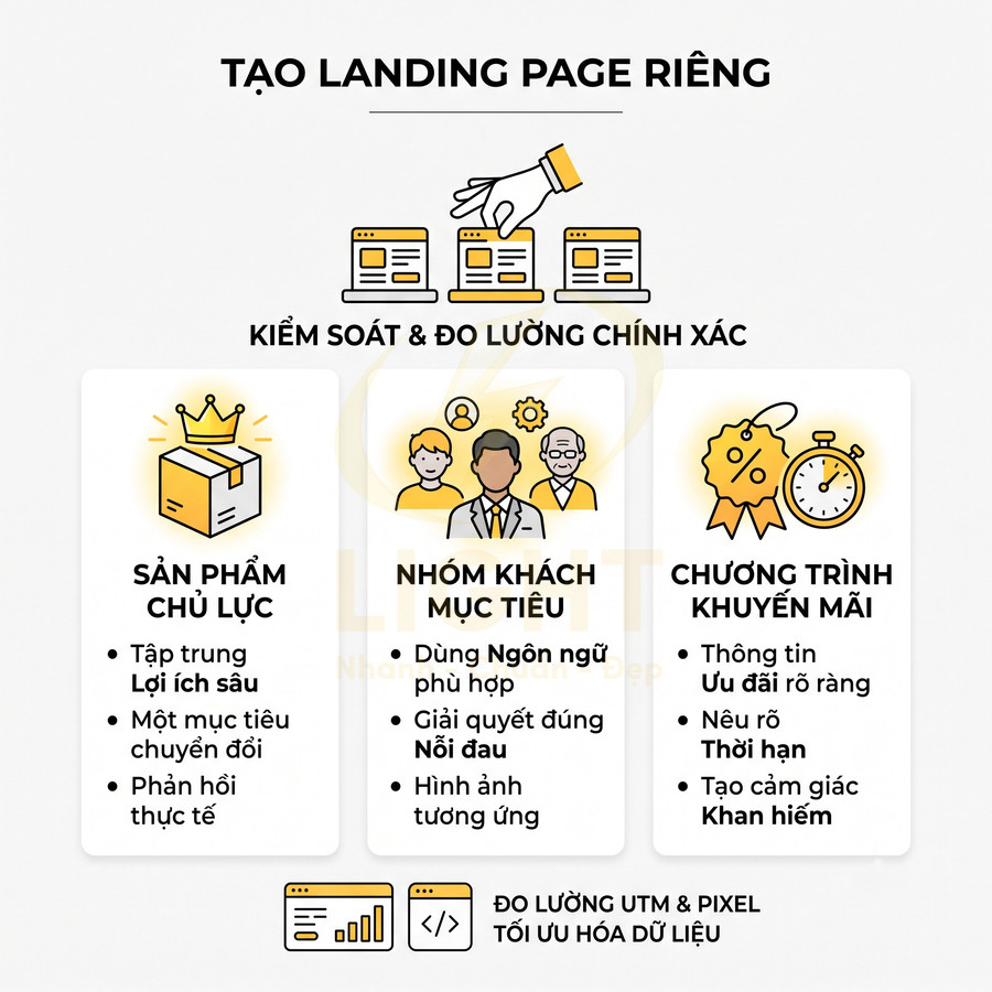 Hướng dẫn tạo landing page riêng với sản phẩm chủ lực, nhóm khách mục tiêu và chương trình khuyến mãi rõ ràng